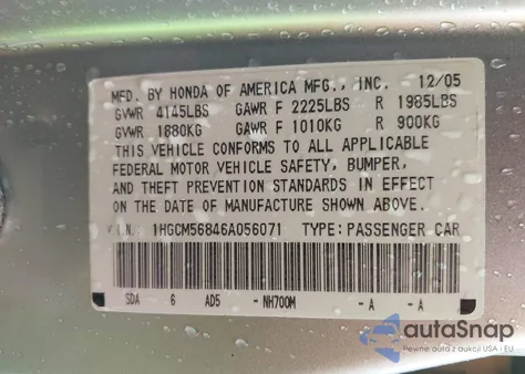 2006 Honda Accord 2.4 Ex из США, поврежденный, VIN 1HGCM56846A056071